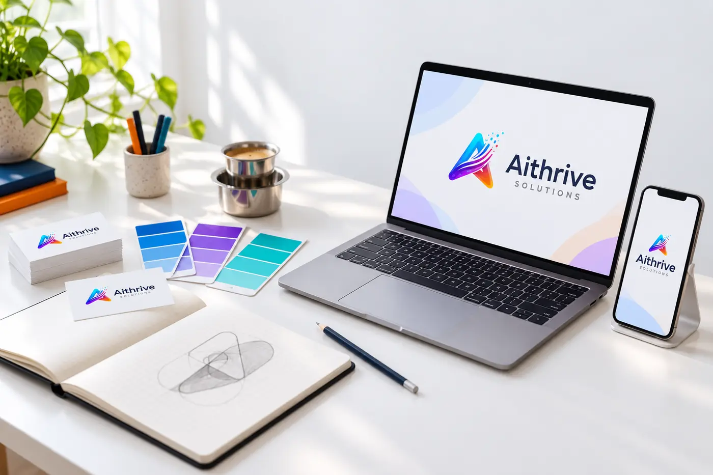 A bright desk with brand cards, colour swatches and a sketchbook beside a laptop and a phone showing the AiThrive logo.
