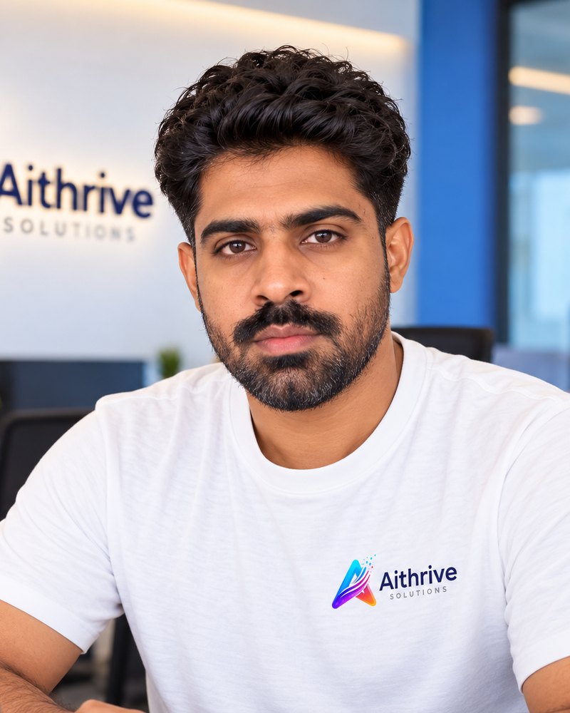 James Deepak, founder of AiThrive Solutions, at work in the office